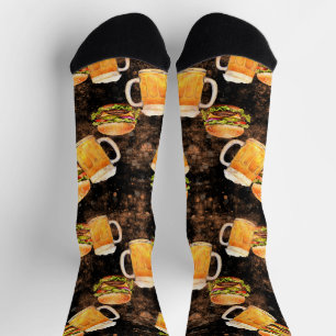 Hamburger beer on dark splashed socks