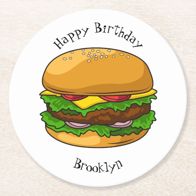 Hamburger cartoon illustration  round paper coaster (Front)