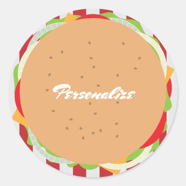 Hamburger cheeseburger cute cafe striped red white classic round sticker (Front)