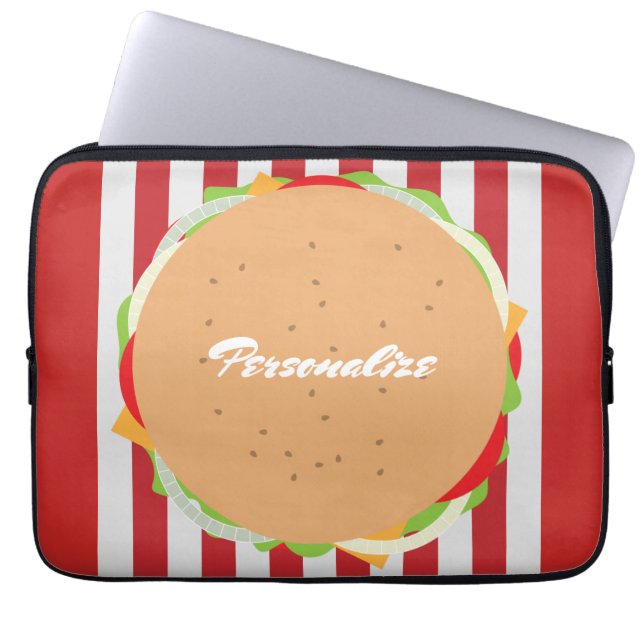 Hamburger cheeseburger cute cafe striped red white laptop sleeve (Front)
