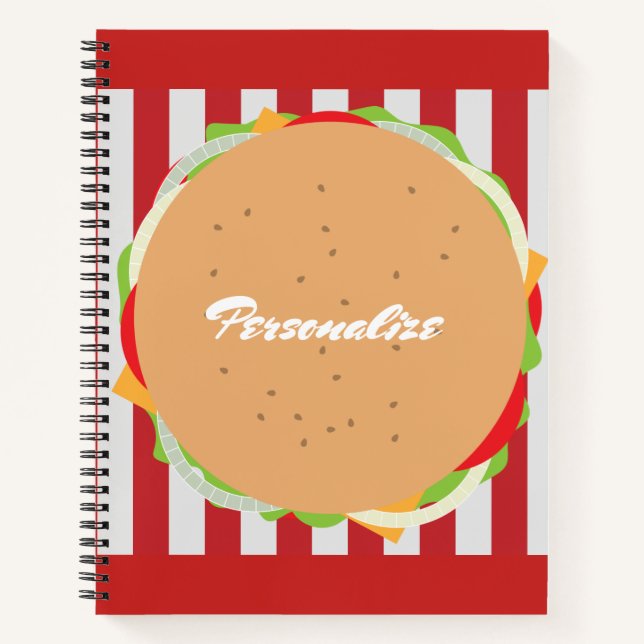 Hamburger cheeseburger cute cafe striped red white notebook (Front)