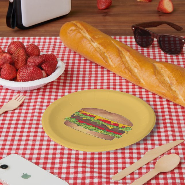 Hamburger Cheeseburger Fast Food Cheese Burger Paper Plate (Picnic)