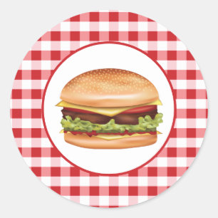Hamburger Fast Food Illustration On Red Gingham Classic Round Sticker