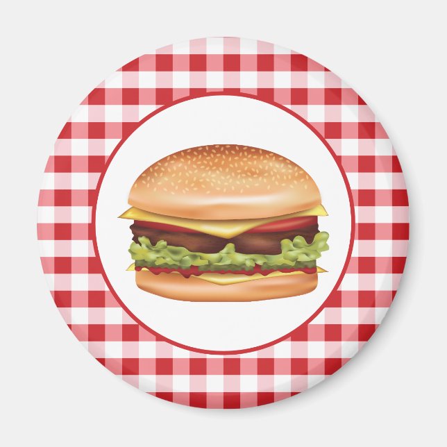 Hamburger Fast Food Illustration On Red Gingham Magnet (Front)