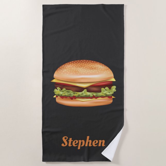 Hamburger Fast Food Illustration With Custom Name Beach Towel (Front)