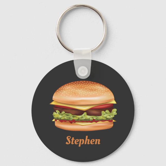Hamburger Fast Food Illustration With Custom Name Key Ring (Front)