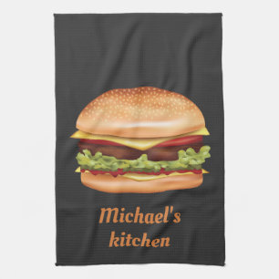 Hamburger Fast Food Illustration With Custom Text Tea Towel