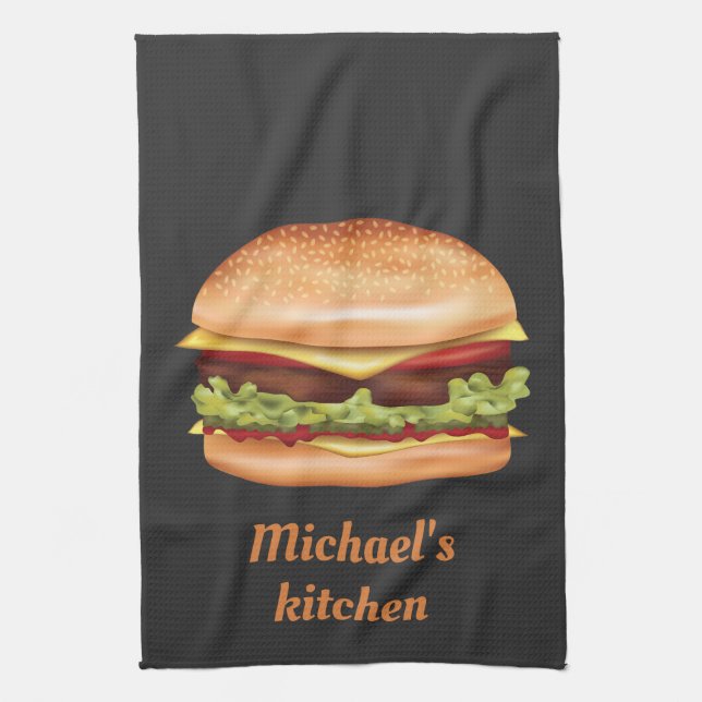 Hamburger Fast Food Illustration With Custom Text Tea Towel (Vertical)