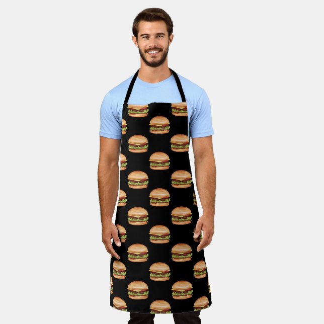 Hamburger Fast Food Pattern On A Black Background Apron (Worn)