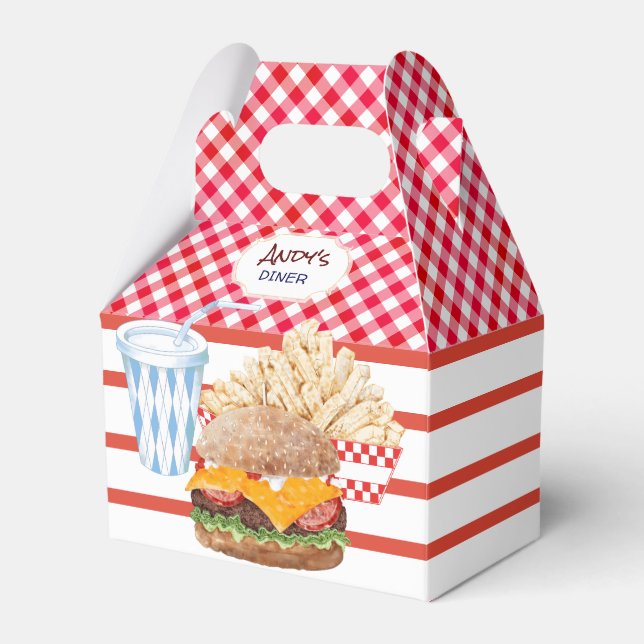 Hamburger Fries Fast Food BBQ Gingham Diner Favour Box (Front Side)
