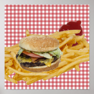 Hamburger, Fries, Red White Chequered Background Poster