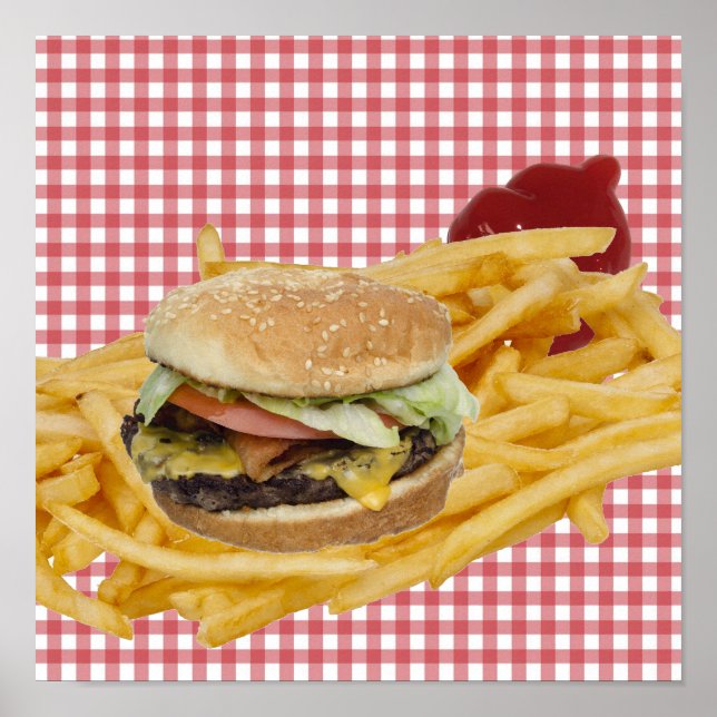 Hamburger, Fries, Red White Chequered Background Poster (Front)