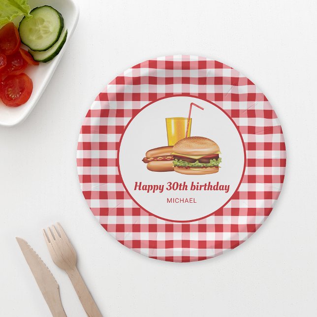 Hamburger Hot Dog And Drink Red Gingham Birthday Paper Plate (Ideal for birthday parties, backyard barbecues, family reunions or picnics, for example.)