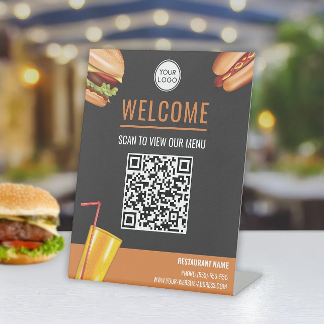 Hamburger Hot Dog Food Scan For Menu QR Code Pedestal Sign (Creator Uploaded)
