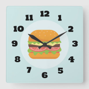 Hamburger Illustration with Tomato and Lettuce Square Wall Clock