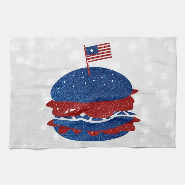 Hamburger July 4th Glitter Tea Towel (Horizontal)