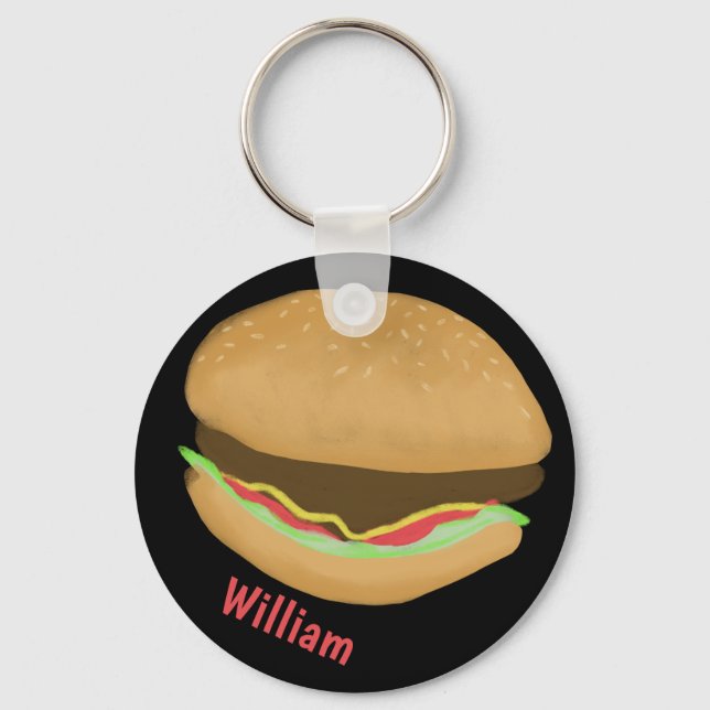 Hamburger Lovers Fun Yummy CUSTOM NAME Key Ring (Front)