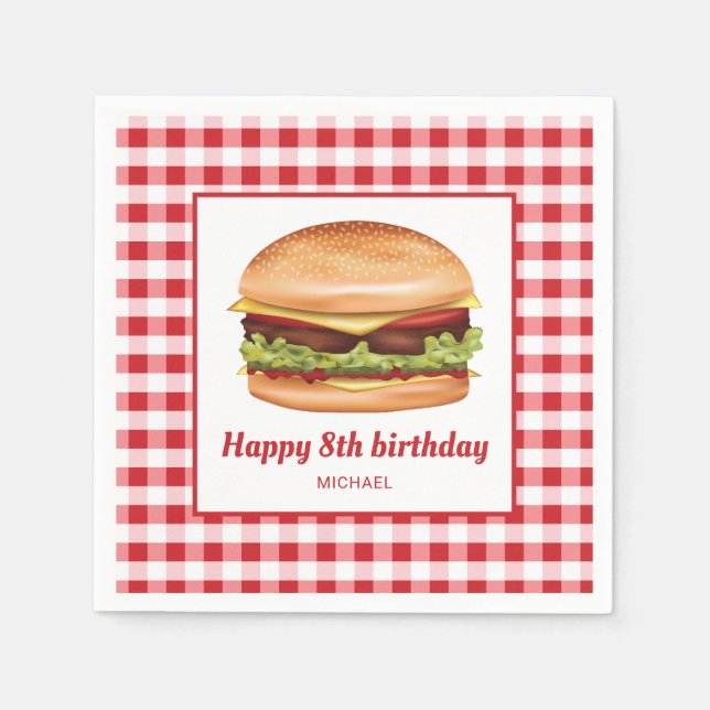 Hamburger On Red Gingham Pattern Happy Birthday Napkin (Front)