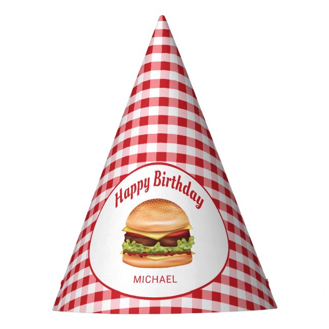 Hamburger On Red Gingham Pattern Happy Birthday Party Hat (Front)