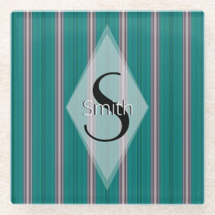 HAMbWG - Art Deco Teal Green Stripe with Monogram Glass Coaster