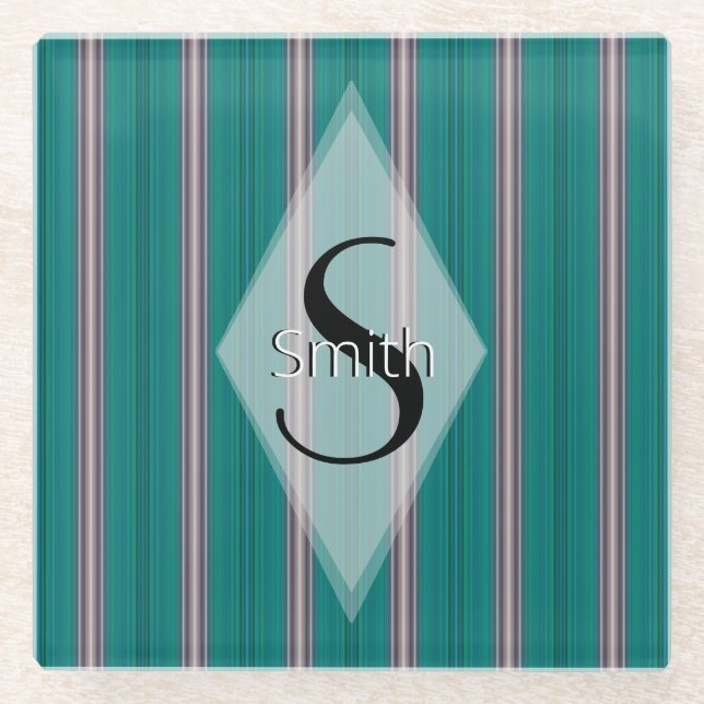 HAMbWG - Art Deco Teal Green Stripe with Monogram Glass Coaster (Front)