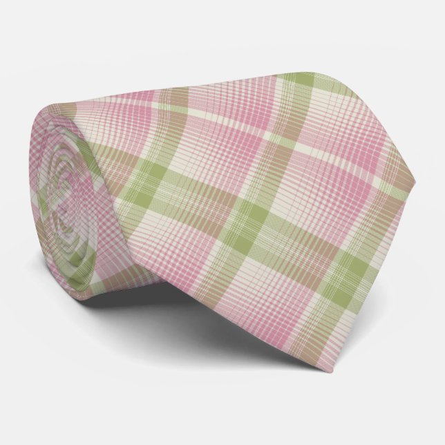 HAMbyWG - Tie- Bone/Pink/Pale Green Diag. Plaid Tie (Rolled)