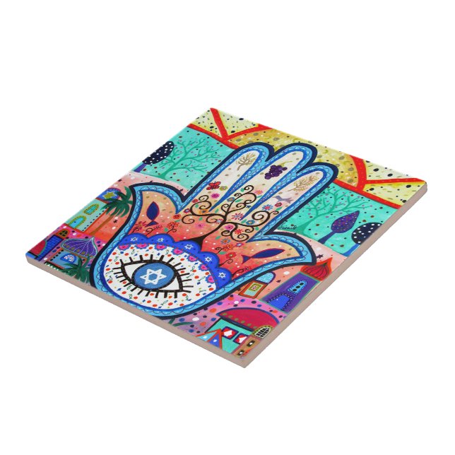 HAMESH BAR BAT MITZVAH HAMSA WHIMSICAL PAINTING TILE (Side)
