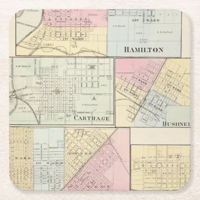 Hamilton, Carthage, Bushnell, Lincoln and LaHarpe Square Paper Coaster (Front)