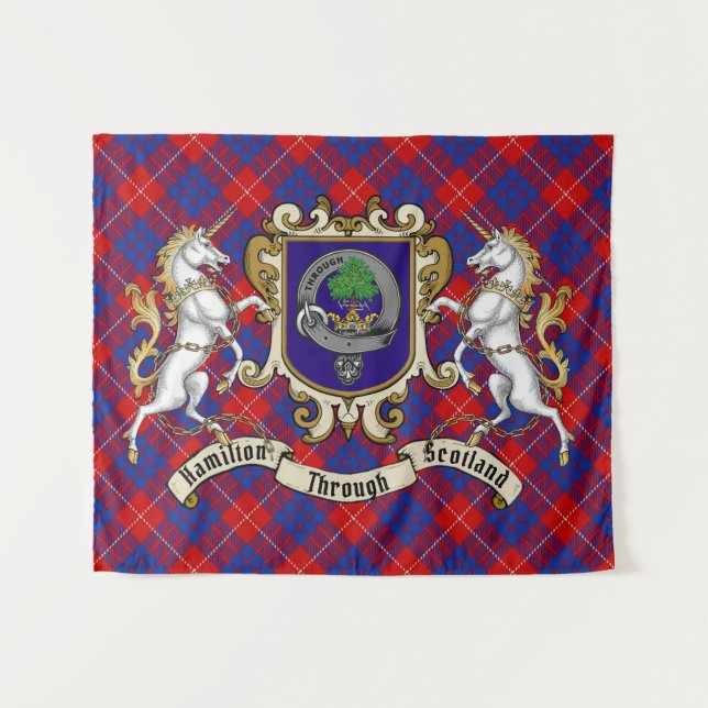 Hamilton Clan Badge & Unicorns w/Tartan  Tapestry (Front (Horizontal))