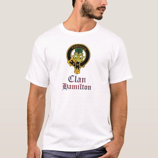 Hamilton scottish crest and tartan clan name T-Shirt (Front)