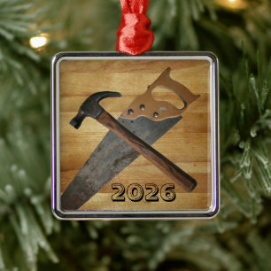 Hammer and Saw, Wood Boards,Carpentry Metal Tree Decoration