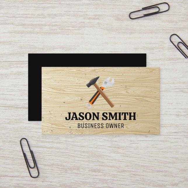 Hammer and Wrench | Construction | Wood Pattern Business Card (Front/Back In Situ)