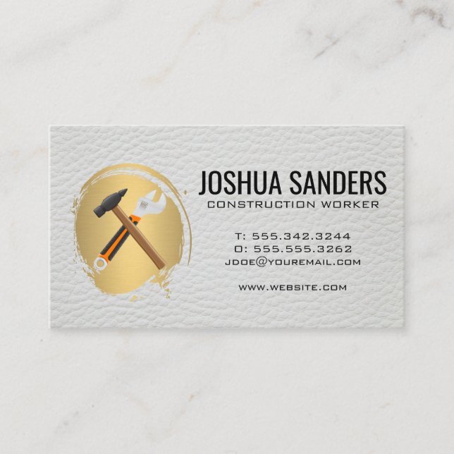 Hammer and Wrench | Gold Brushed Leather Business Card (Front)