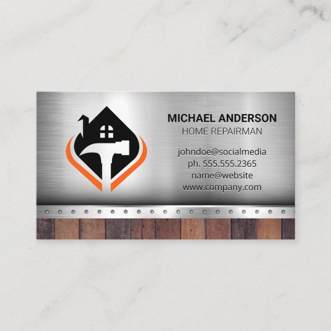 Hammer House Logo | Construction | Metal Wood Business Card (Front)
