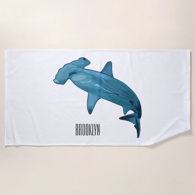 Hammerhead shark cartoon illustration beach towel (Front)