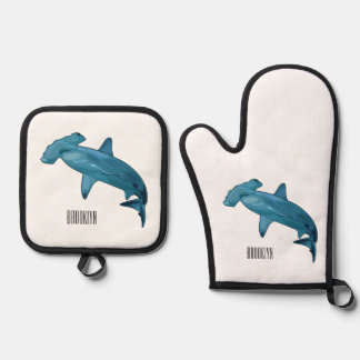Hammerhead shark cartoon illustration oven mitt & pot holder set
