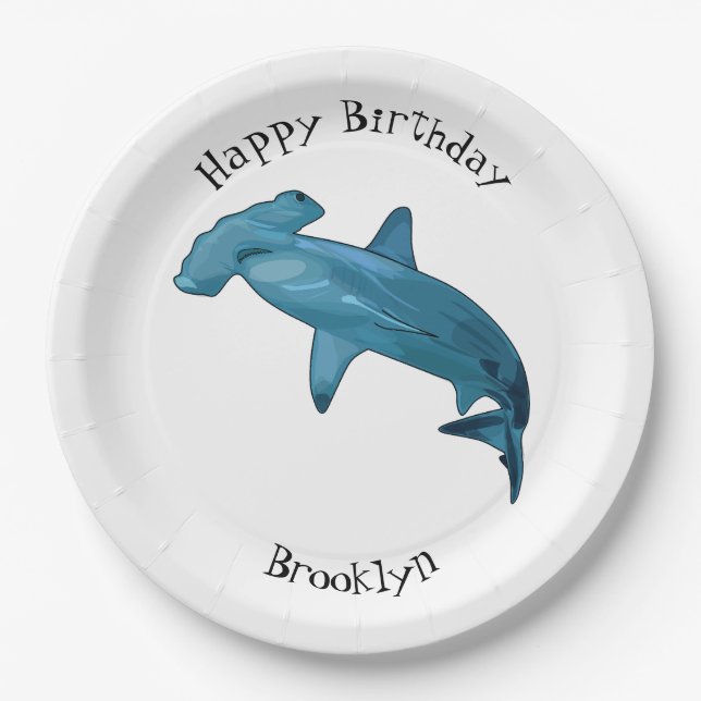 Hammerhead shark cartoon illustration paper plate (Front)
