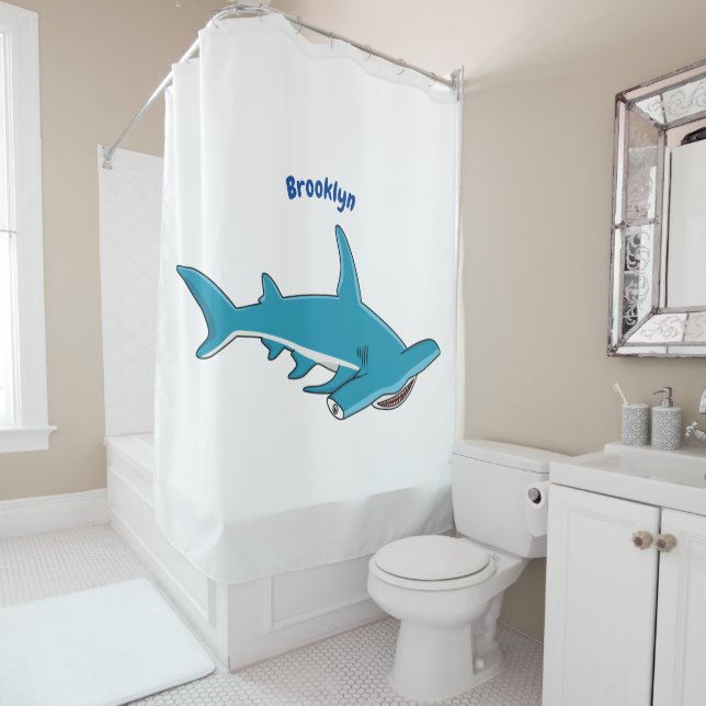 Hammerhead shark cartoon illustration shower curtain (In Situ)