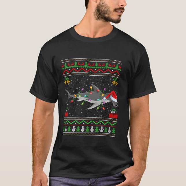 Hammerhead Shark Christmas Lights Santa Ugly Sweat T-Shirt (Front)