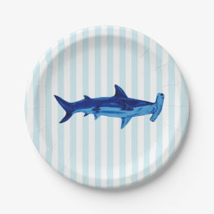 Hammerhead Shark Painting Blue Stripe Paper Plate