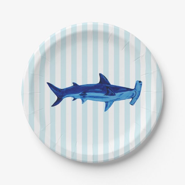Hammerhead Shark Painting Blue Stripe Paper Plate (Front)