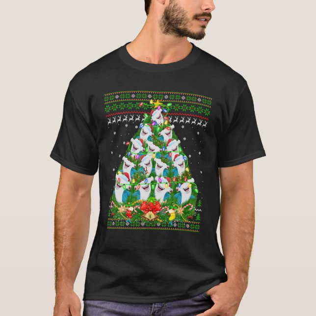 Hammerhead Shark Xmas Lighting Tree Shark Ugly Chr T-Shirt (Front)