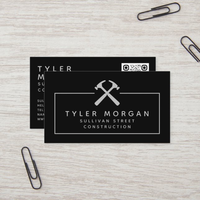 Hammers Silver Black QR Code Construction  Business Card (Front/Back In Situ)