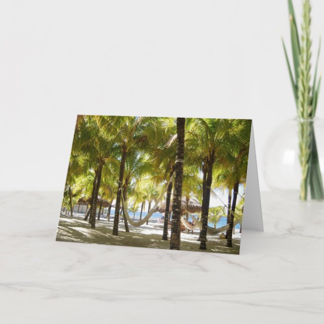 Hammock and Palm Trees by the Ocean Greeting Card (Front)