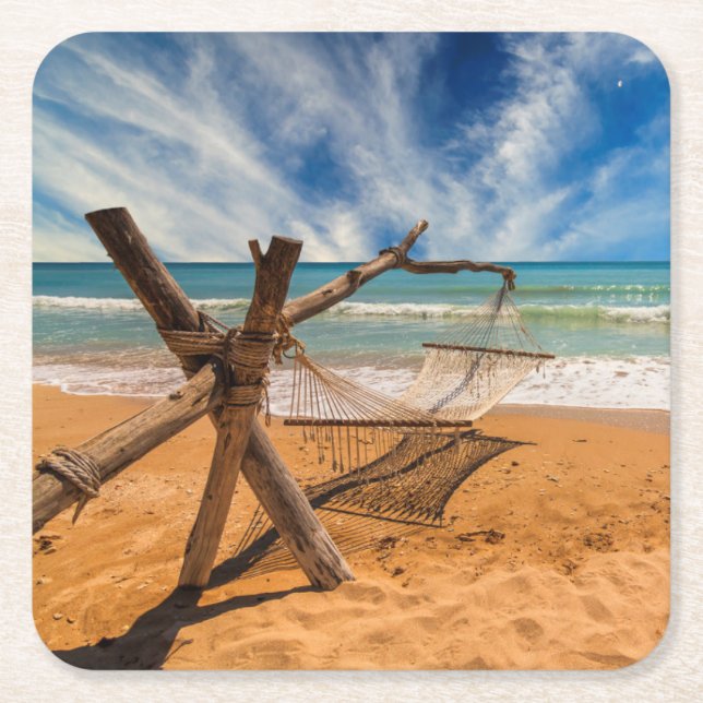 Hammock on a Tropical Beach Resort Square Paper Coaster (Front)