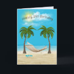 Hammock on Beach 21st Birthday Card<br><div class="desc">Hammock hanging between two palm trees with starfish and flip-flops on ocean beach sand with summer clouds for 21st birthday.
Age can be changed.</div>