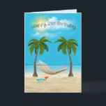 Hammock on Beach 21st Birthday Card<br><div class="desc">Hammock hanging between two palm trees with starfish,  cocktail drink,  and flip-flops on ocean beach sand with summer clouds for 21st birthday.
Age can be changed.</div>