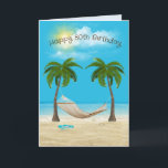 Hammock on Beach 80th Birthday   Card<br><div class="desc">Hammock hanging between two palm trees with starfish and flip-flops on ocean beach sand with summer clouds for 80th birthday.
Age can be changed.</div>