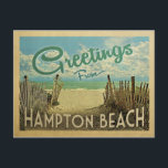 Hampton Beach Vintage Travel Postcard<br><div class="desc">This Greetings From Hampton Beach vintage postcard design features a sandy beach with a beautiful turquoise ocean water and above the sea,  a blue sky with billowy white clouds. In vintage travels style.</div>