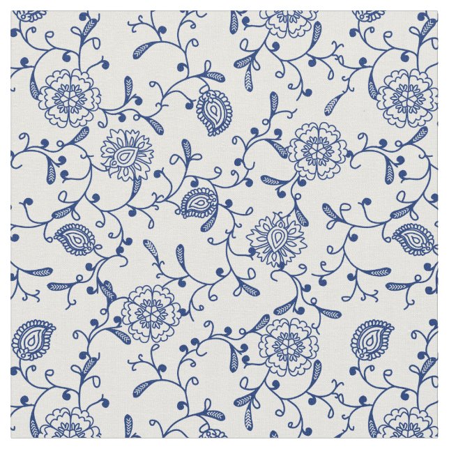 Hamptons Aesthetic Blue White Floral Boho Pattern Fabric (Close Up)